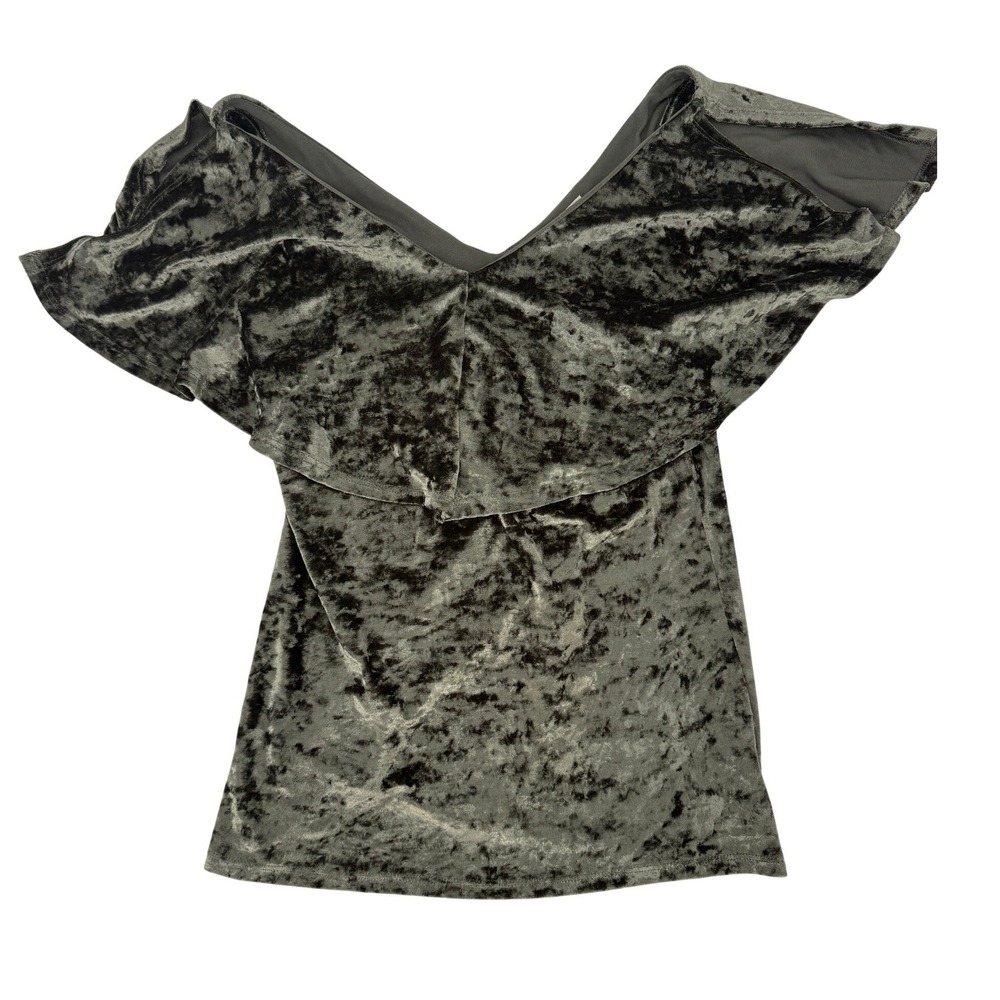 Entro Y2K Olive Green Crushed Velvet Ruffle Off Shoulder Top Bodycon Small